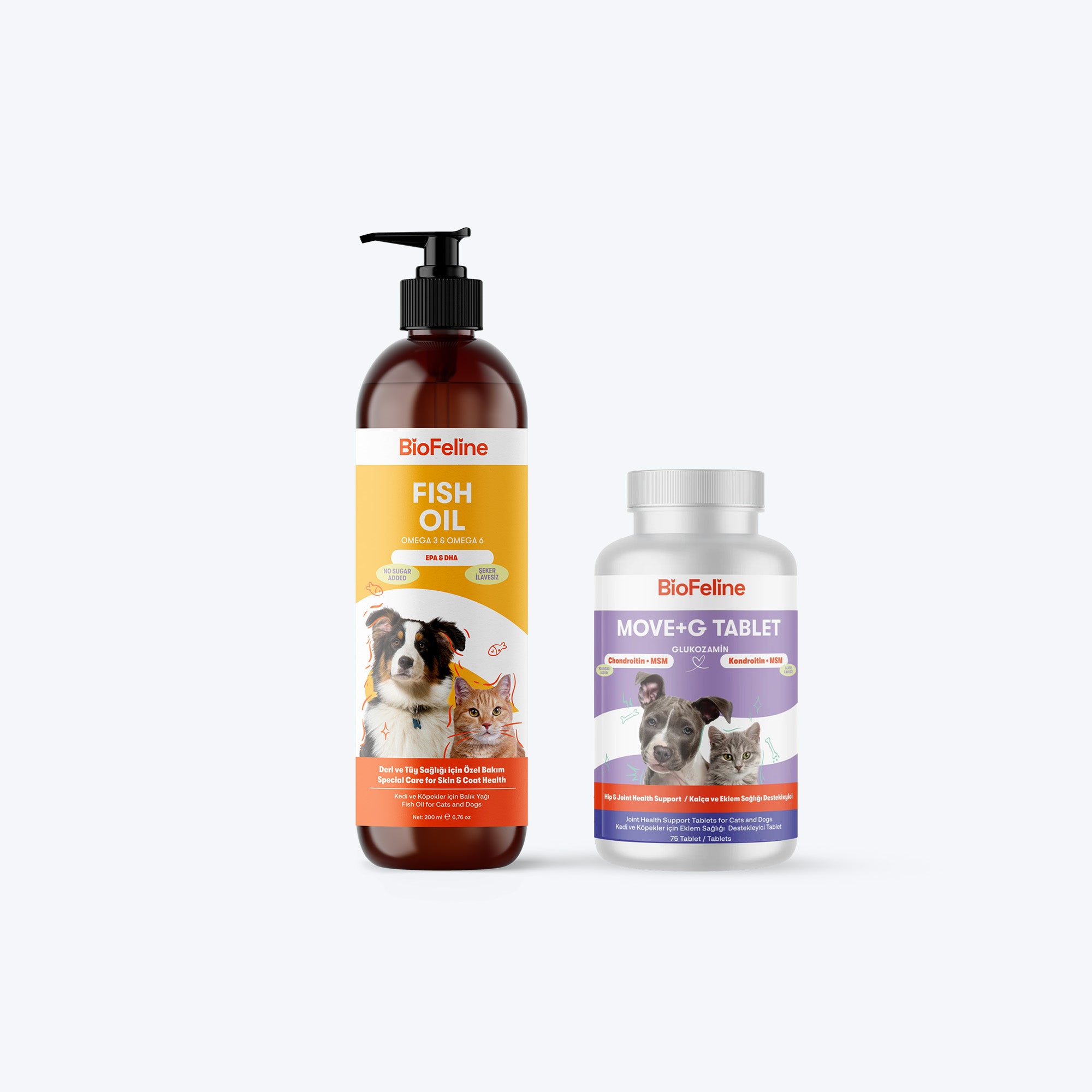Kedi & Köpekler İçin Somon Yağı + Eklem Destek Tableti Seti | Omega 3-6 + Glukozamin | 200ml + 75 Tablet