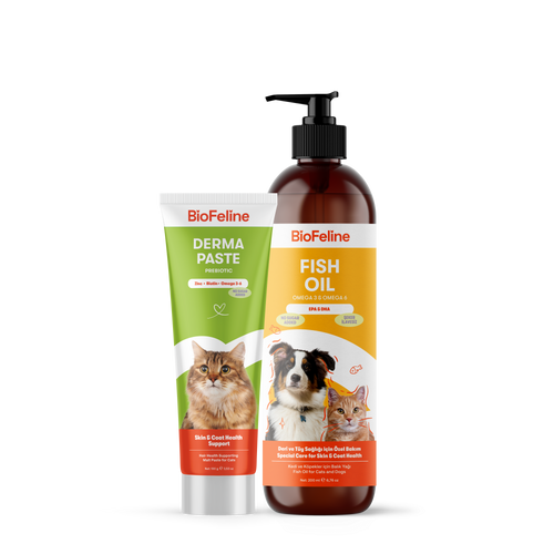 Kediler İçin Mevsimsel Tüy Dökülmesi Destek Seti – Derma Malt + Balık Yağı | BioFeline