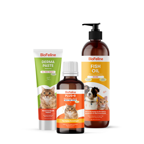 Kediler İçin Yoğun Tüy Dökülmesi Karşıtı Parlaklık Seti – Balık Yağı + Derma Malt | BioFeline