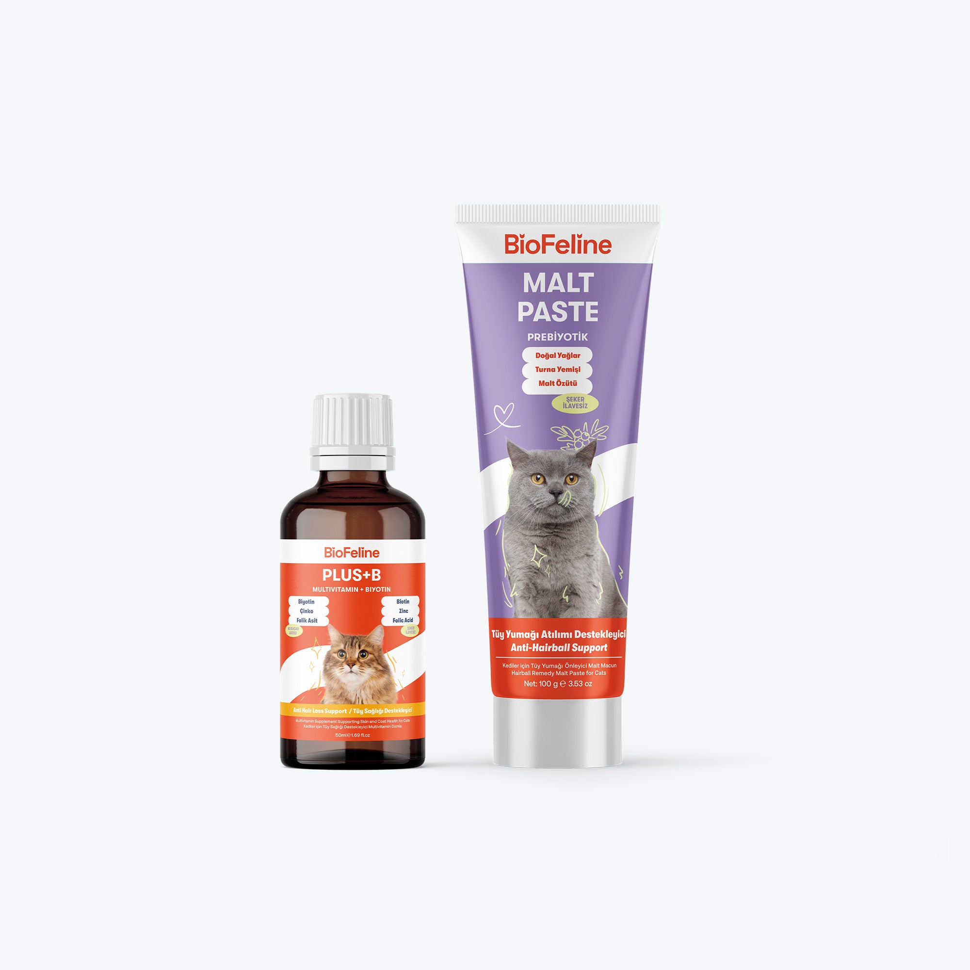 Kediler İçin Tüy Dökülmesine Karşı Set | Malt Macun + Biotinli Vitamin Damla | 100g + 50ml