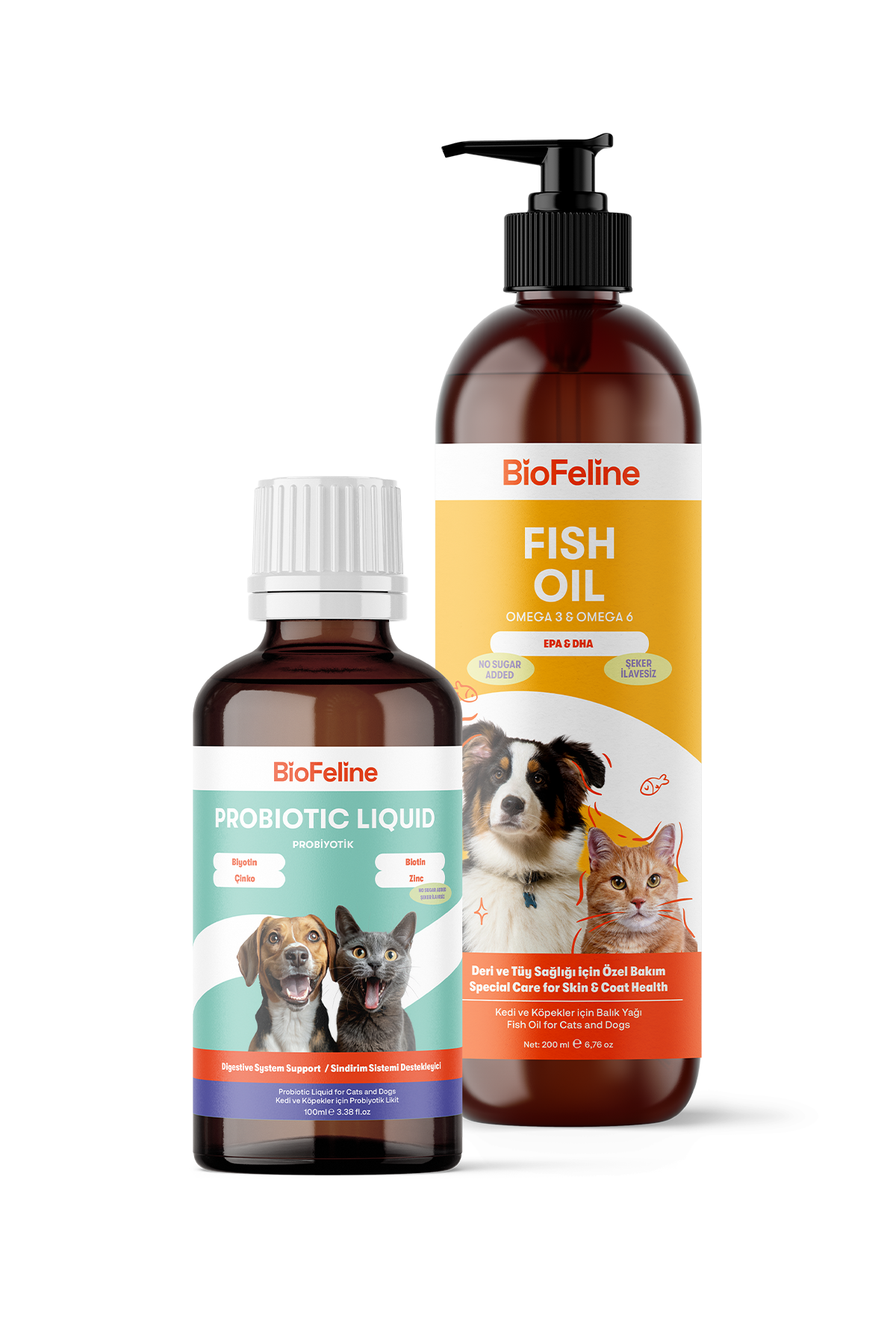 Kedi & Köpekler İçin Balık Yağı + Sıvı Probiyotik Takviye Seti – Omega 3 & Bağışıklık, 200 ml | BioFeline