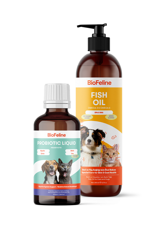 Kedi & Köpekler İçin Balık Yağı + Sıvı Probiyotik Takviye Seti – Omega 3 & Bağışıklık, 200 ml | BioFeline
