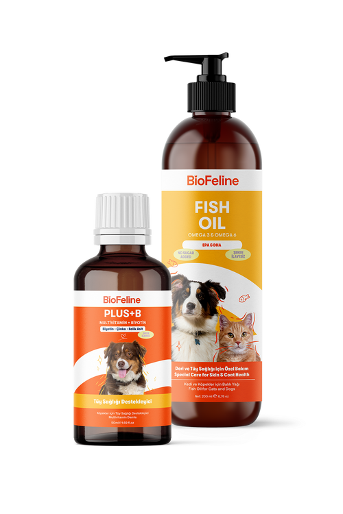 Köpekler İçin Tüy Sağlığı Destek Seti – Omega 3-6 Balık Yağı + Biotin Damla | BioFeline