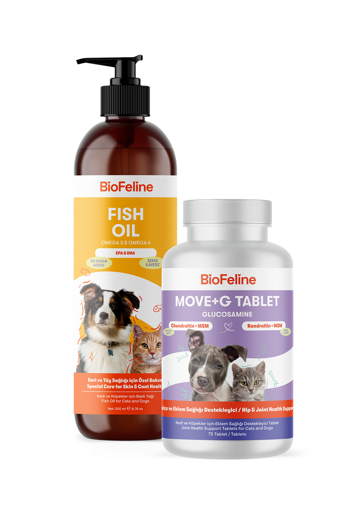 Eklem Sertliği ve Tüy Dökülmesi Azaltıcı Kedi ve Köpekler İçin Omega & Glukozamin Tablet Seti | BioFeline