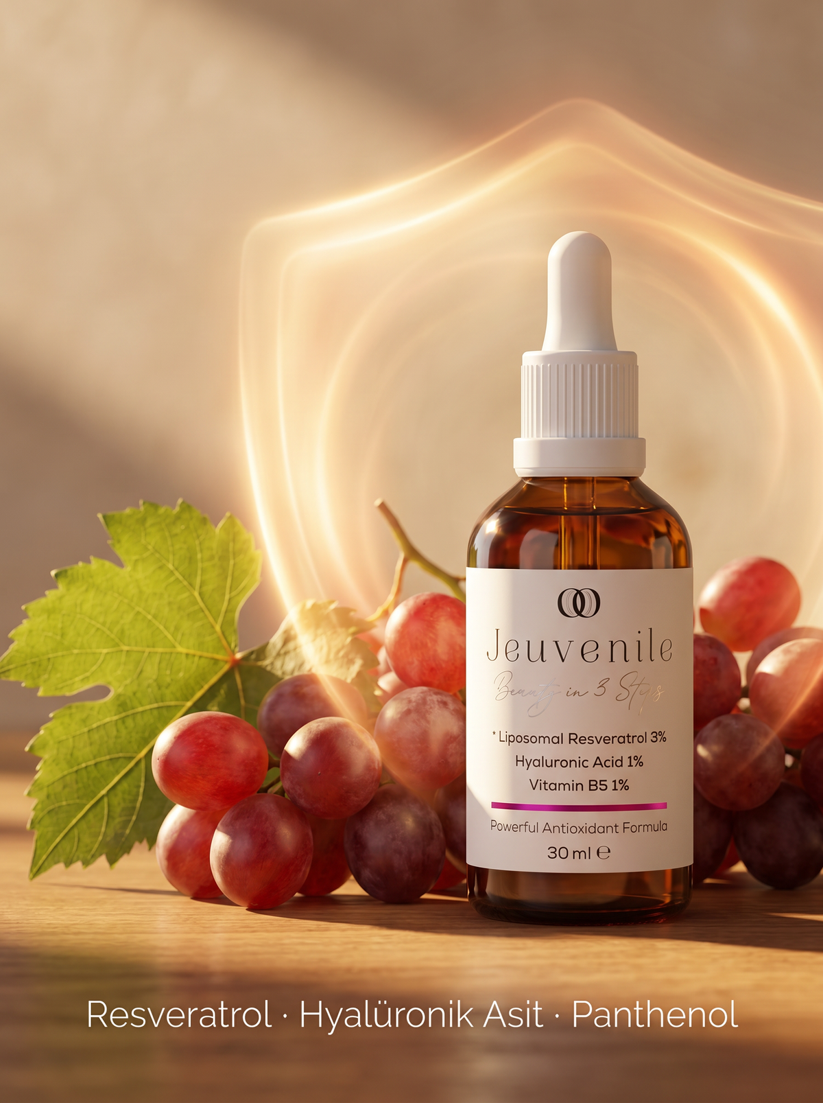 Resveratrol, hyalüronik asit ve panthenol içerikli antioksidan serum
