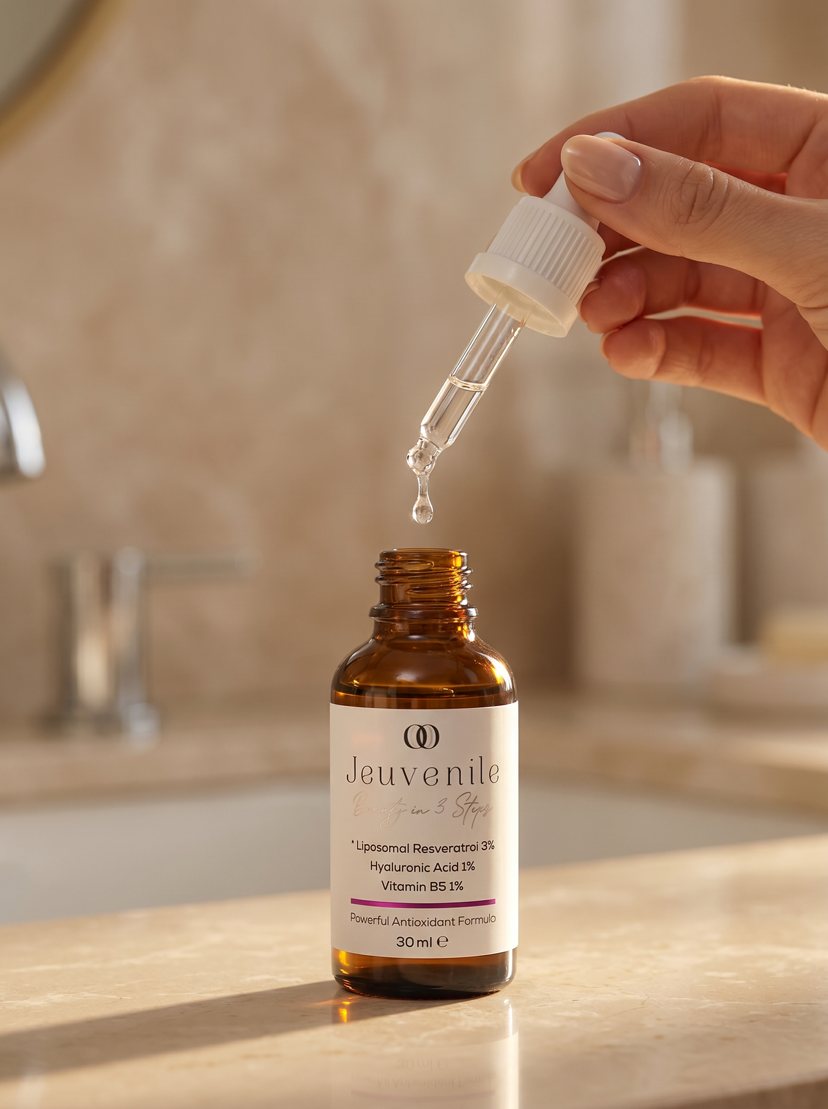 Jeuvenile Resveratrol serumu uygulama — damlalıkla taze cilde