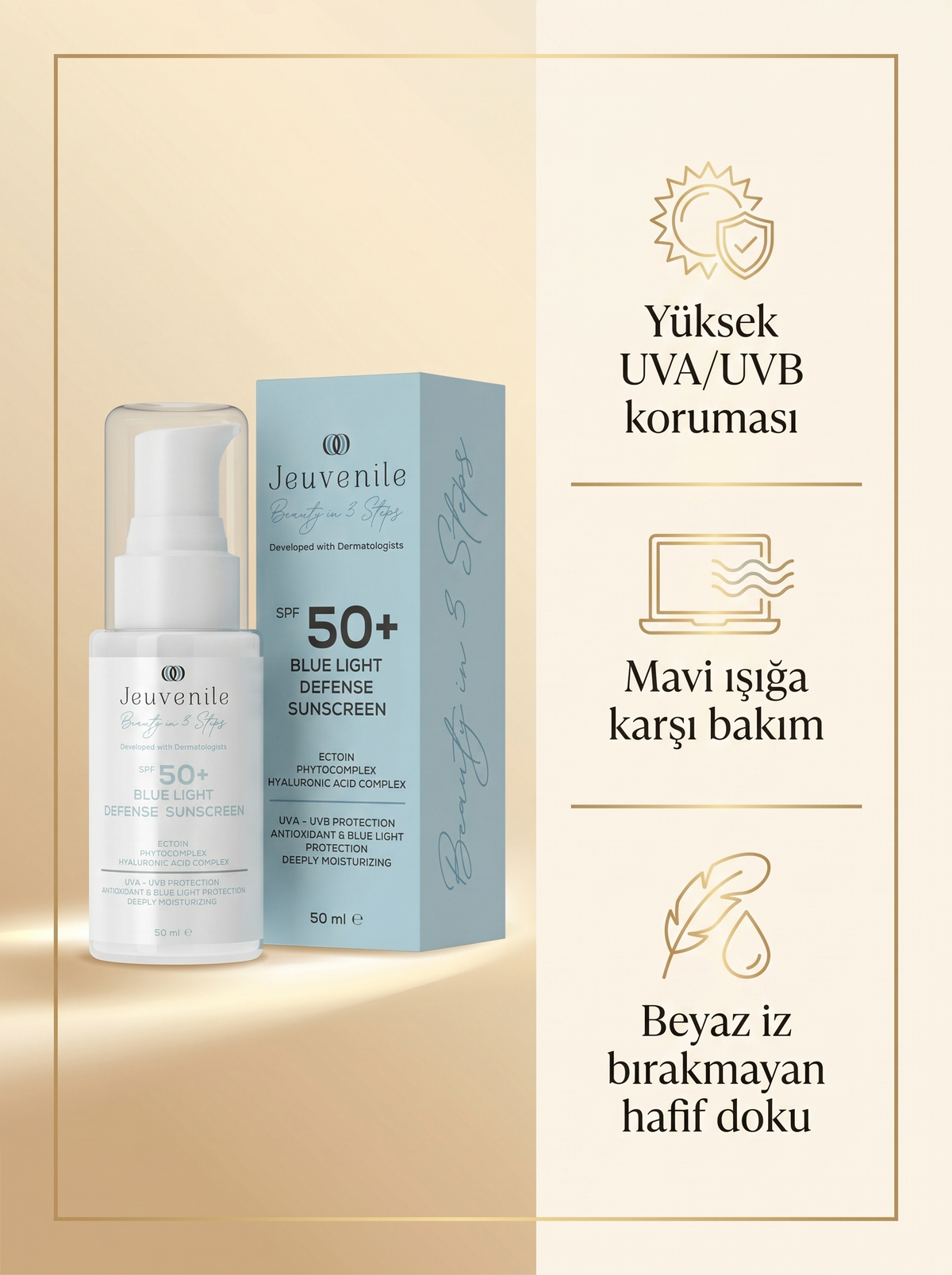 Jeuvenile SPF 50+ güneş kremi faydaları: UVA UVB, mavi ışık, hafif doku