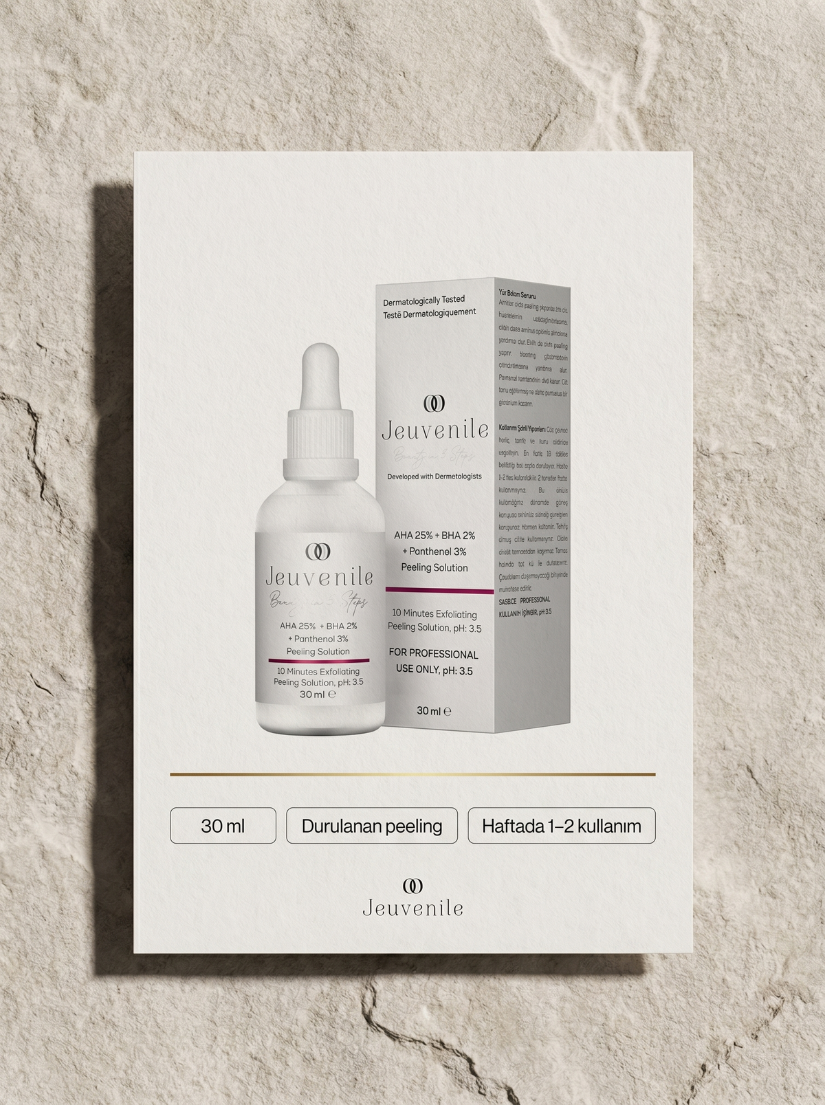 Jeuvenile AHA BHA peeling serumu — 30 ml, durulanan peeling, haftada 1–2 kullanım